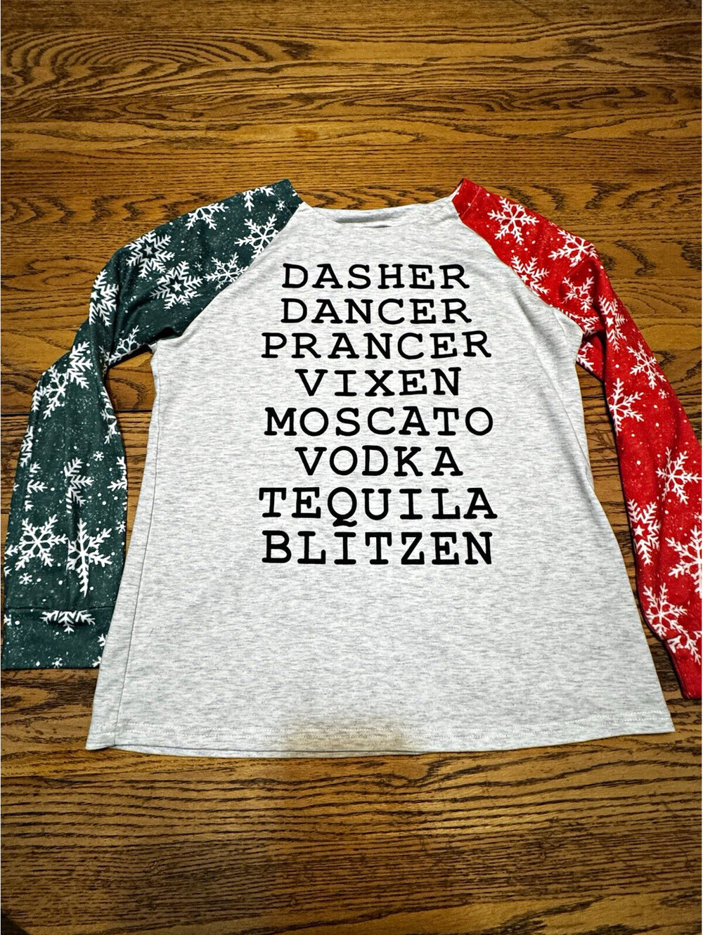 Christmas Drinking Shirt Women L Dasher Dancer Moscato Vodka Tequila Raglan